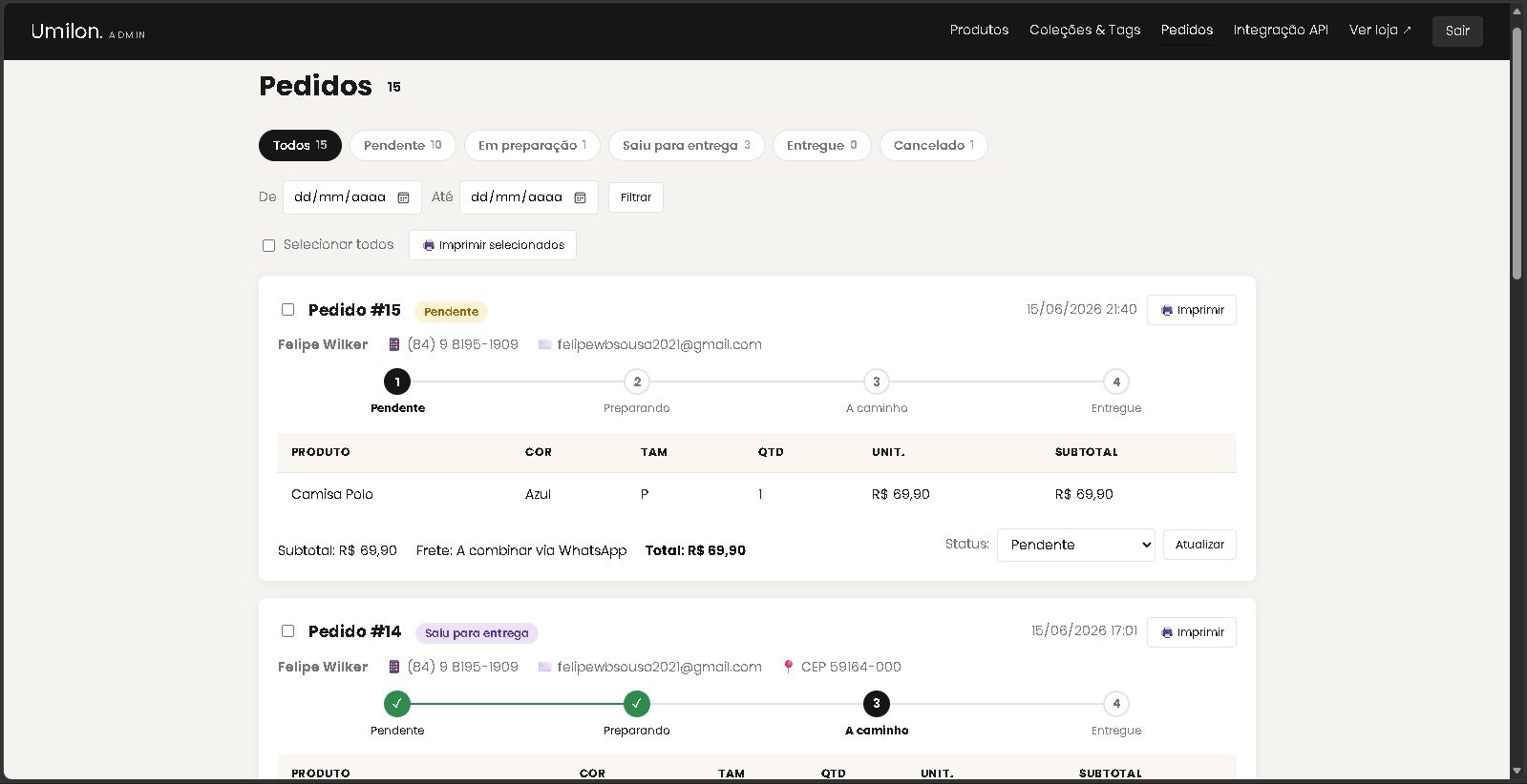 Painel de pedidos da Umilon